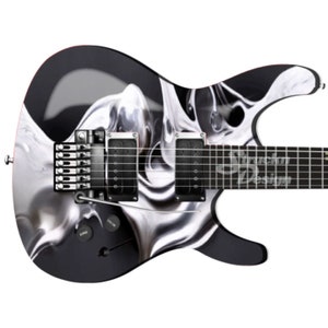 May include: Black electric guitar with a white and silver marbled design. The guitar has a black body and a silver headstock. The guitar has a single humbucker pickup and a single coil pickup.