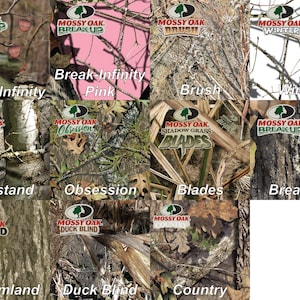 May include: A chart showing different camouflage patterns from Mossy Oak. The patterns include Break-Up Infinity, Break-Up Pink, Brush, Winter, Treestand, Obsession, Blades, Break-Up, Bottomland, Duck Blind, and Country.