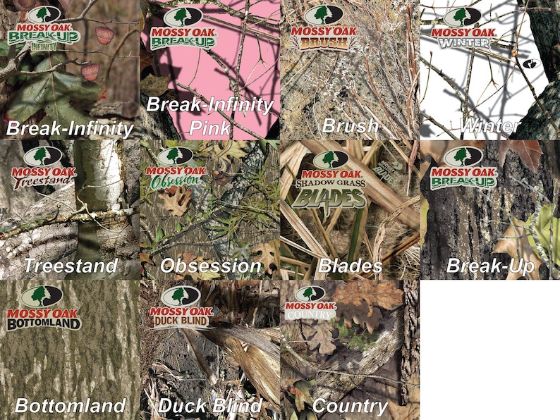 May include: A chart showing different camouflage patterns from Mossy Oak. The patterns include Break-Up Infinity, Break-Up Pink, Brush, Winter, Treestand, Obsession, Blades, Break-Up, Bottomland, Duck Blind, and Country.