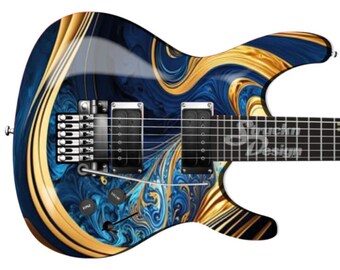 Puede incluir: Guitarra eléctrica con un diseño en espiral azul y dorado. La guitarra presenta pastillas negras, herrajes plateados y un diapasón con trastes negros. El cuerpo tiene un acabado brillante con un patrón artístico único.