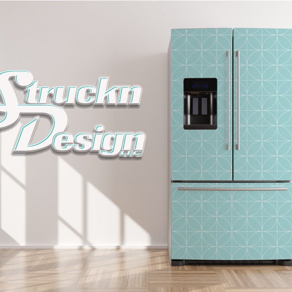 Teal Retro Circle Diamond White Line Art Refrigerator Fridge Freezer Wrap Side by Side Top Bottom Door Vinyl Mural Skin Decal Removable