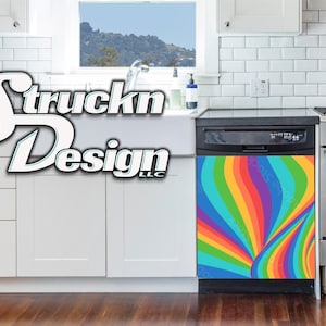 Bright Wavy Rainbow Lines Pride Psychedelic Dishwasher Wrap Dishes Front Door Vinyl Mural Skin Decal Removable