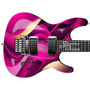 May include: A pink electric guitar with a swirling abstract design in shades of pink, white, and gold. The guitar has a black neck and a black pickguard.