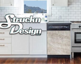 May include: Kitchen scene featuring a dishwasher with a marble-look panel. White cabinets with gold handles and a stainless steel oven are visible. The text "Struckn Design LLC" is displayed in a stylized font. The background includes a window and white tile.