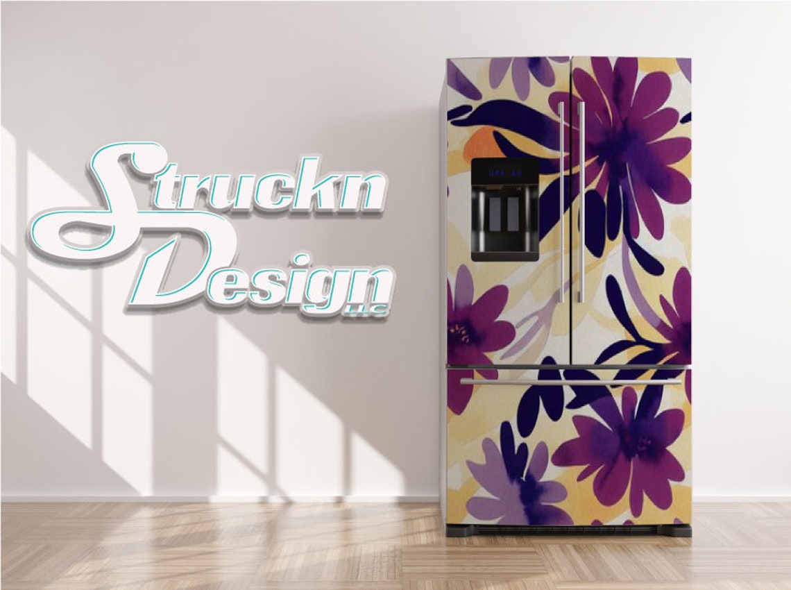 Magenta Yellow Beige Floral Design Refrigerator Fridge Freezer Wrap ...