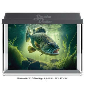 Underwater Swimming Bass Fish Green Algae Teal 10mil Polyester Fish Tank Glass Backdrop Aquarium Background Waterproof Grey Opaque Backer