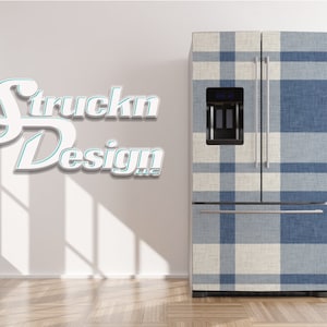 Blue White Farmhouse Plaid Checkered Refrigerator Fridge Freezer Wrap Side by Side Top Bottom Door Vinyl Mural Skin Decal Removable
