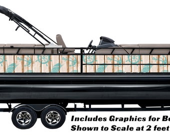 May include: A black pontoon boat with a white and blue nautical themed graphic wrap. The boat is on a trailer and is shown to scale at 2 feet tall by 24 feet long. Includes graphics for both sides of the boat.
