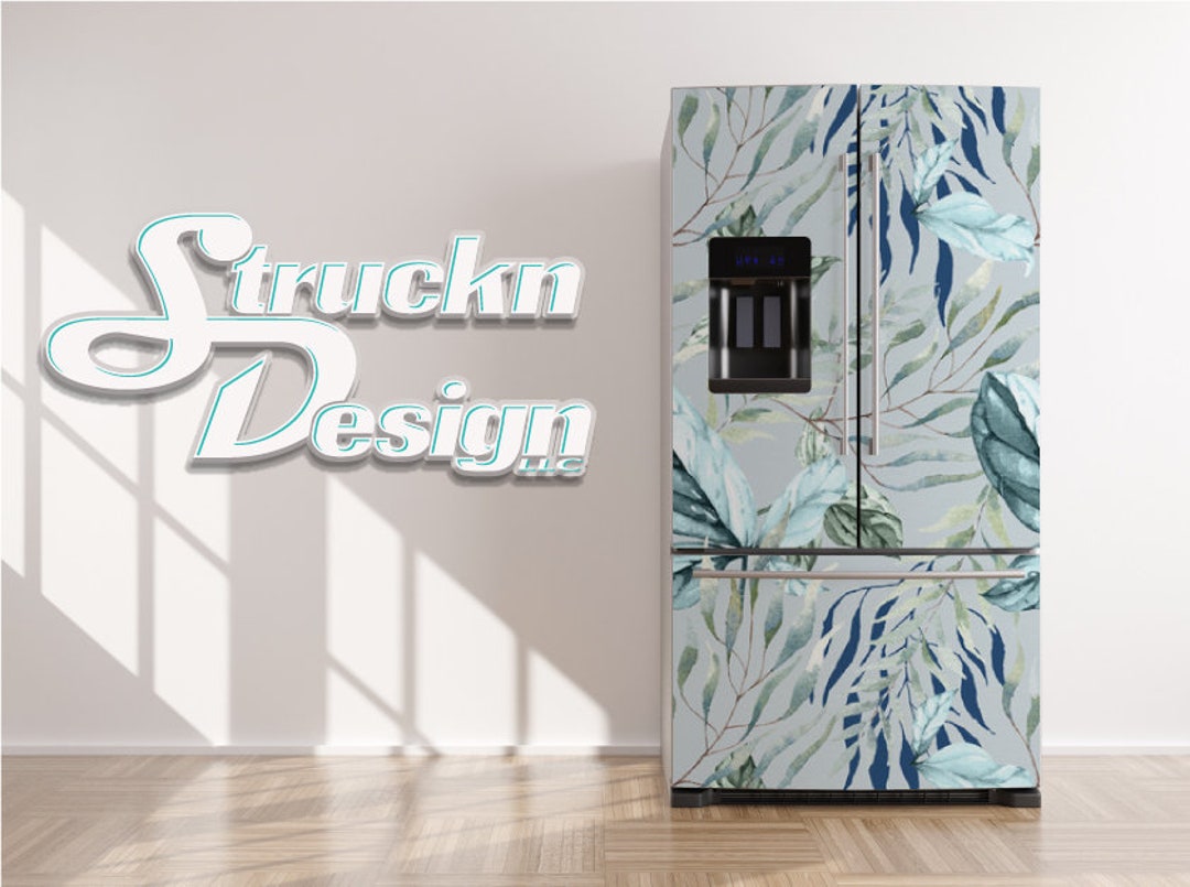 Déco Frigo Adhésif Vinyle - Motif Floral Cyan Vintage - Réversible Waterproof