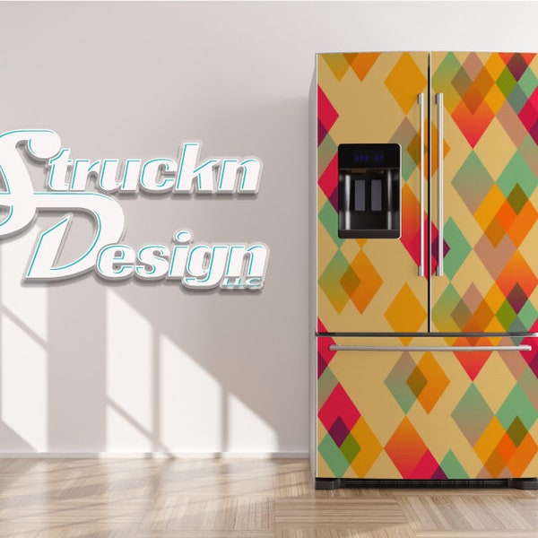 Diamond Pattern Colorful Abstract Refrigerator Fridge Freezer Wrap Side by Side Top Bottom Door Vinyl Mural Skin Decal Removable