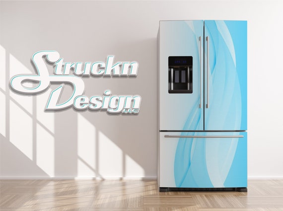 Déco Frigo Adhésif – Vagues Bleues Abstraites, Motif Curve Teal, Vinyle Waterproof