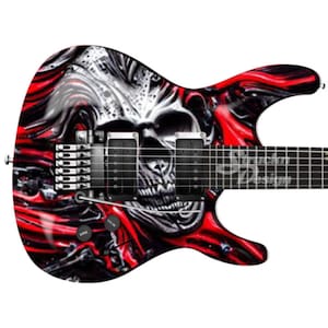 Bright Red Black Grunge Silver Skull Bass Metal Vinyl Guitar Wrap Skin Decal Laminate Air Release Bubble Free Graphic Peel Stick Multi Size