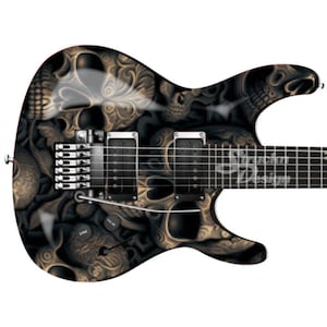 Beige Brun Noir Crânes Gravés 3D Basse Métal Vinyle Guitare Wrap Peau Decal Stratifié Air Release Bubble Free Graphic Peel Stick Multi Taille