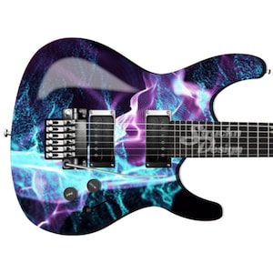 Cyan Blue Purple Flames Fire Black Bass Metal Vinyl Guitar Wrap Skin Decal Stratifié Peel & Stick Bubble Free Air Release Graphic Multi Size