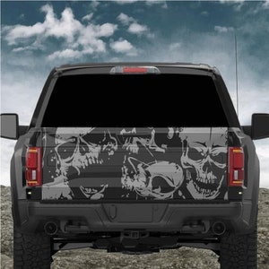 Rear Tailgate Cut Decal Skulls (Vehicle Shows Through Clear Areas) Abstract Demon Grunge Design Car Bed Pickup Vehicle Truck Vinyl Graphic