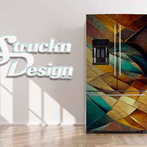 Abstract Mosaic Stained Glass Teal Orange Refrigerator Fridge Freezer Wrap Side by Side Top Bottom Door Vinyl Mural Skin Decal Removable