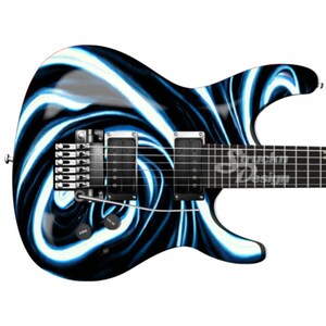 May include: A black electric guitar with a swirling blue and white abstract design. The guitar has a black body and a black neck with silver hardware.