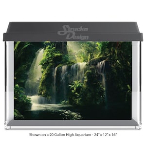 Tropical Jungle Cascading Waterfall 10mil Polyester Aquarium Tank Glass Backdrop Background Waterproof Grey Opaque Backer