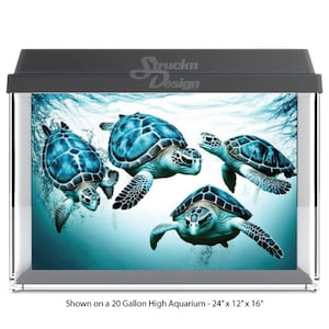 Cute Swimming Drawn Cyan Teal Turtles Underwater 10mil Polyester Fish Tank Glass Backdrop Aquarium Background Waterproof Grey Opaque Backer