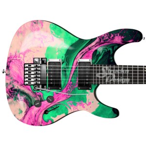 May include: Electric guitar with a vibrant, abstract design in shades of pink, green, and black. The guitar features a tremolo bridge, two humbucker pickups, and a fretboard with silver frets. The body has a swirling, marbled pattern.