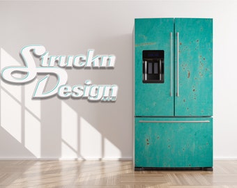 May include: A turquoise blue refrigerator with a distressed, rusty look. The refrigerator has a double door design with a freezer compartment on top. The refrigerator is in a white room with a wood floor.