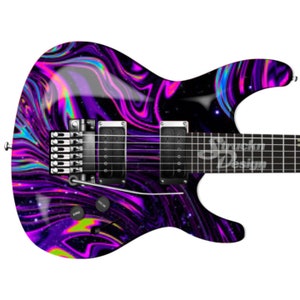 May include: A black electric guitar with a psychedelic swirl design in shades of pink, purple, and blue. The guitar has a black body and a black neck with silver hardware.