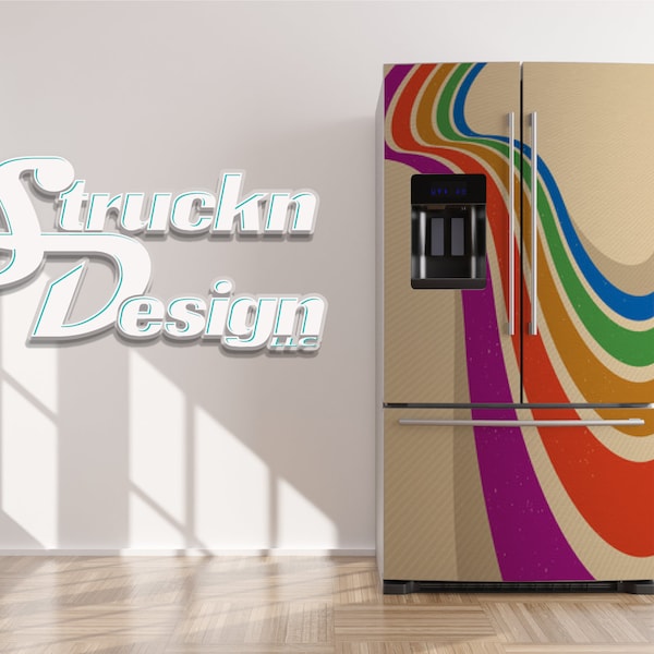 Retro Style Wave Rainbow Colorful Refrigerator Fridge Freezer Wrap Side by Side Top Bottom Door Vinyl Mural Skin Decal Removable