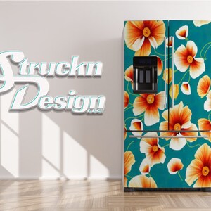 Floral Design Orange Gray Bright Cyan Design Refrigerator Fridge Freezer Wrap Side by Side Top Bottom Door Vinyl Mural Skin Decal Removable