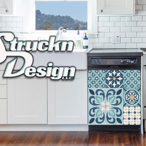 Cyan White Beige Tile Pattern Dishwasher Wrap Dishes Front Door Vinyl Mural Skin Decal Removable