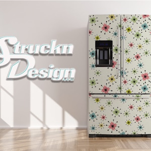 Vintage Retro Atomic Stars Pink Green Blue Refrigerator Fridge Freezer Wrap Side by Side Top Bottom Door Vinyl Mural Skin Decal Removable