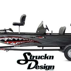 バス釣り 魚ボート ラップ グレースケール ブラック モダン フライング タイガー シャーク 歯 カメレオン グランジ アブストラクト ポンツーン ビニール グラフィック デカール ラッピング