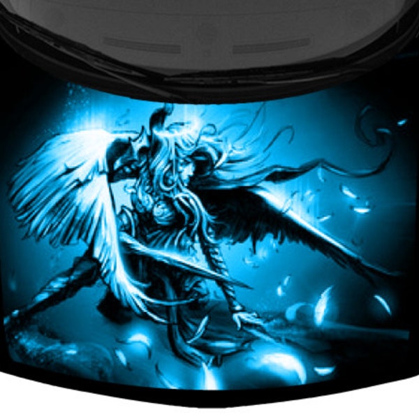 Battling Angel Sexy Women Warrior Wings Blue Van SUV Car Pickup Truck Hood Wrap Vinyl Graphic Decal 58x 65 "US Made Cast Laminated Option