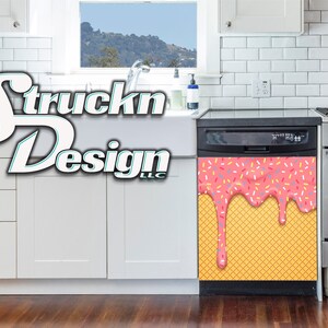 Pink Drip Ice Cream Cone Rainbow Sprinkle Dishwasher Wrap Dishes Front Door Vinyl Mural Skin Decal Removable