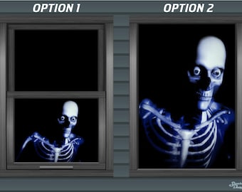 May include: Two window decals featuring a blue skeleton with glowing eyes. The skeleton is peeking through the window in the left image and is shown full body in the right image. The text "OPTION 1" and "OPTION 2" are above each window.