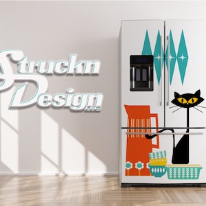 Orange Mid Century Modern Teal Atomic Cat Pot Refrigerator Fridge Freezer Wrap Side by Side Top Bottom Door Vinyl Mural Skin Decal Removable