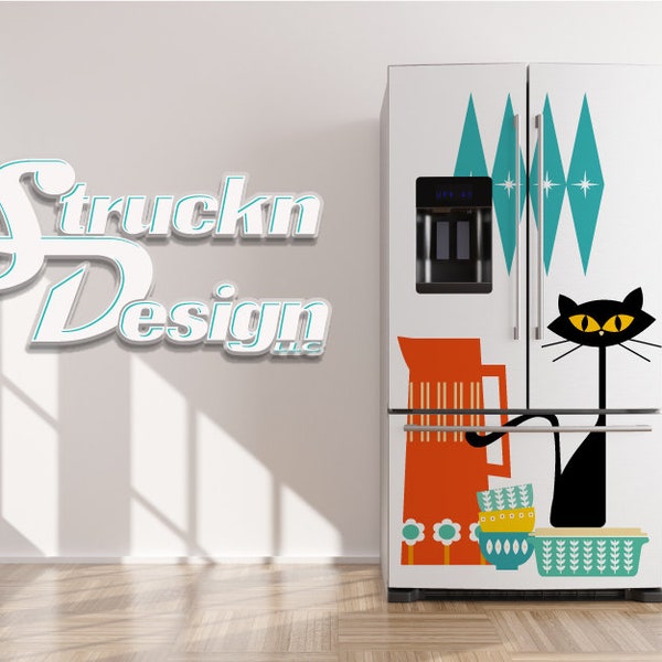 Orange Mid Century Modern Teal Atomic Cat Pot Refrigerator Fridge Freezer Wrap Side by Side Top Bottom Door Vinyl Mural Skin Decal Removable