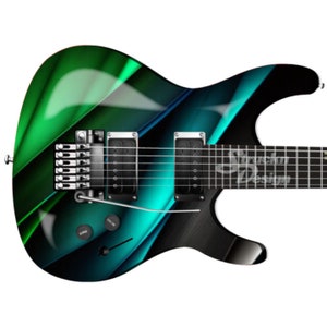 May include: A black electric guitar with a green and blue abstract design. The guitar has a black body and a black neck with silver hardware.