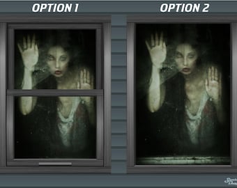 Donna spettrale dietro il vetro scuro horror finestra retroilluminata parete sfondo banner all&#39;interno / all&#39;esterno decorazione di Halloween decoro facile appendere l&#39;occhiello
