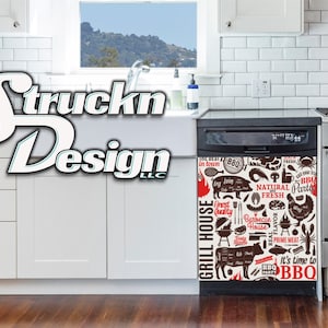 Black Red Graphic BBQ Meat Grill House Dishwasher Wrap Dishes Front Door Vinyl Mural Skin Decal Removable