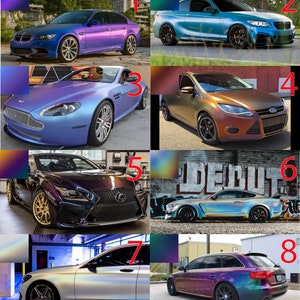 May include: Eight different cars with iridescent paint finishes. The cars are all different makes and models, and the paint shifts color depending on the angle of light. The colors range from blue to purple to green to gold.