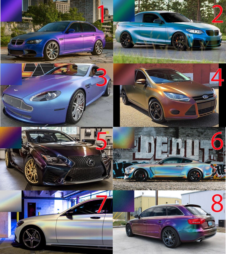 May include: Eight different cars with iridescent paint finishes. The cars are all different makes and models, and the paint shifts color depending on the angle of light. The colors range from blue to purple to green to gold.