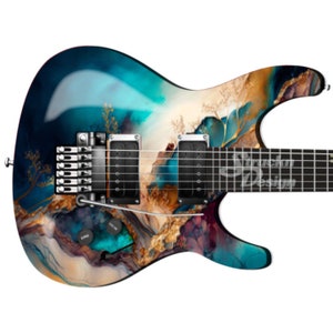 May include: Electric guitar with a custom abstract design in shades of teal, gold, and purple. The guitar features black pickups, a silver tremolo system, and a fretboard with silver frets. The body has a glossy finish with a unique artistic pattern.