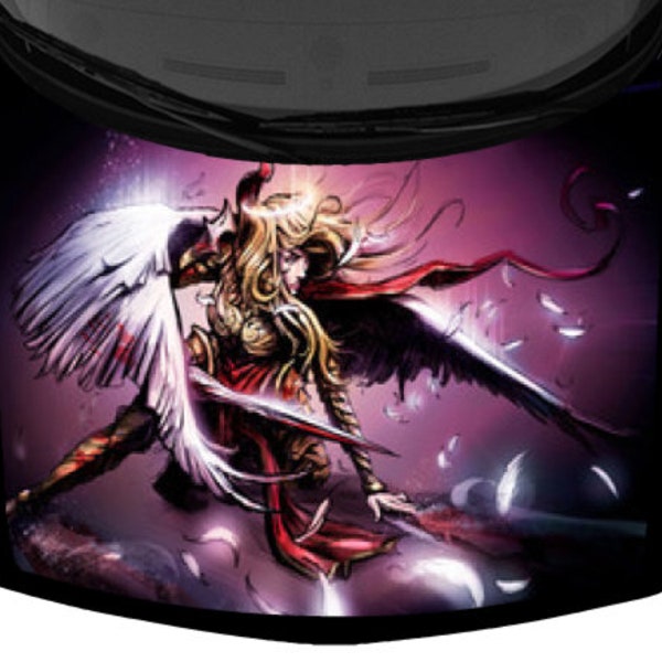 Battling Angel Wings Warrior Sexy Women Black SUV Van Car Pickup Truck Hood Wrap Vinyl Graphic Decal 58x 65 "US Made Cast Laminated Option