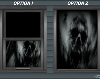 May include: Two window images with a spooky Halloween theme. The left image shows a black and white image of a skull with a mouth open in a scream. The right image shows a black and white image of a skull with a mouth open in a scream, with a ghostly effect.