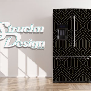 May include: A black refrigerator with a gold geometric pattern on the front. The pattern is made up of hexagons and lines.