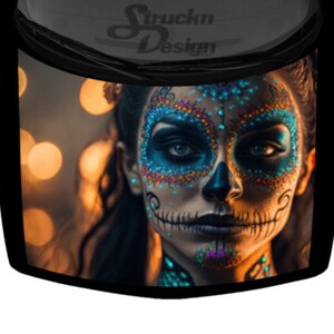 Bright Light Sugar Skull Girl Pretty Colorful SUV Van Car Pickup Truck Hood Wrap Vinyl Graphic Decal 58&quot;x 65&quot; US Made Cast Laminated Option