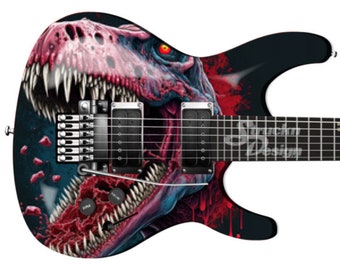Puede incluir: Una guitarra eléctrica negra con un gráfico de una cabeza de dinosaurio roja y azul con dientes afilados y un ojo rojo. La guitarra tiene un cuerpo negro y un mástil negro con clavijas de afinación plateadas. La cabeza del dinosaurio está parcialmente oscurecida por el cuerpo de la guitarra.