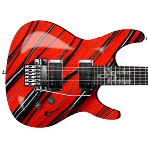 May include: Red electric guitar with black stripes and chrome hardware. The guitar has a glossy finish and a sleek design.