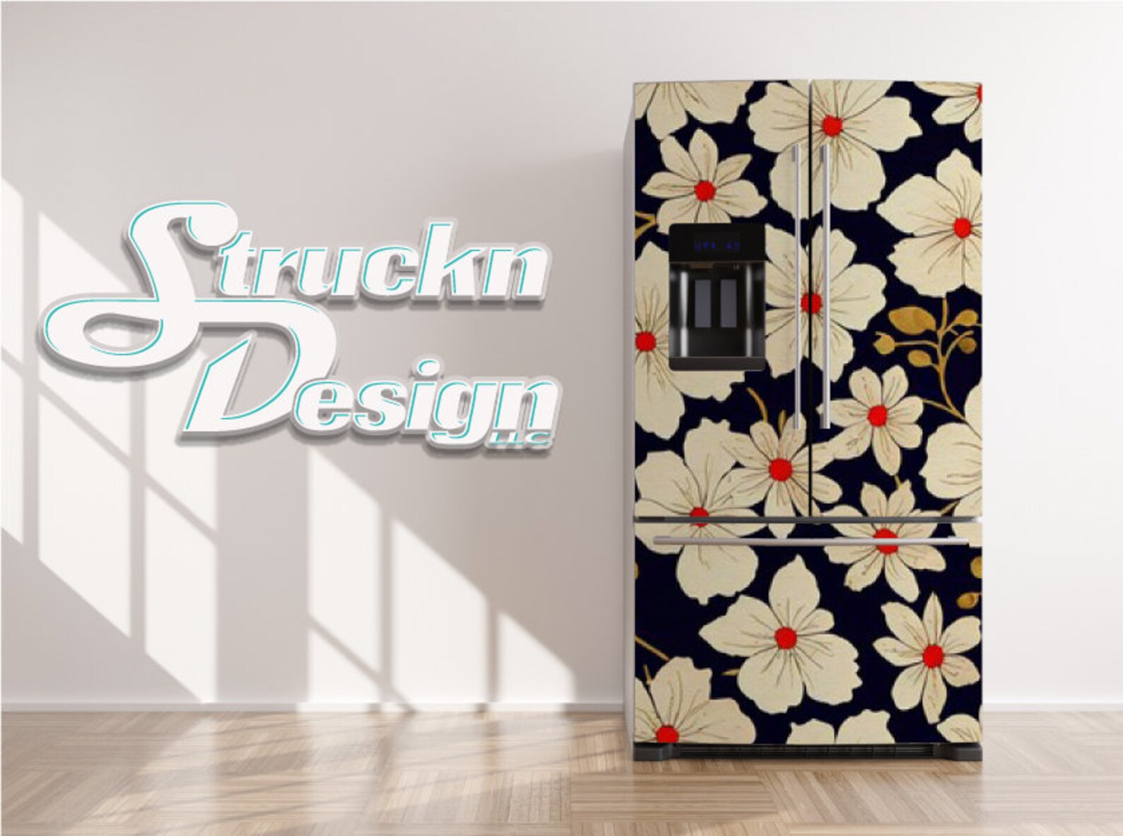 Patterned Refrigerator Dark Blue Orange Floral Pattern Refrigerator Fridge Freezer Wrap Side ...