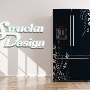 Elegant Line Art Plant Leaf Black White Refrigerator Fridge Freezer Wrap Side by Side Top Bottom Door Vinyl Mural Skin Decal Removable